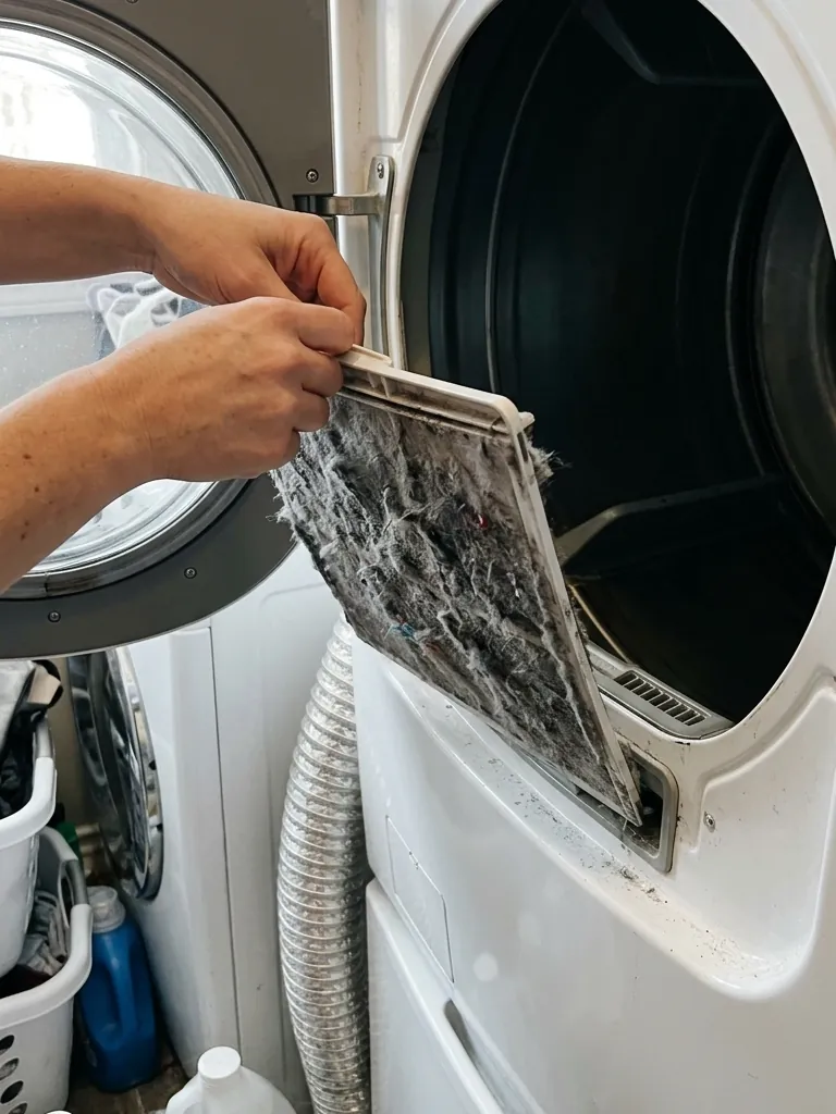 Ilustración generada con IA: manos sacando de una secadora un filtro de pelusas lleno de pelusa gris, con un ducto flexible de aluminio al lado