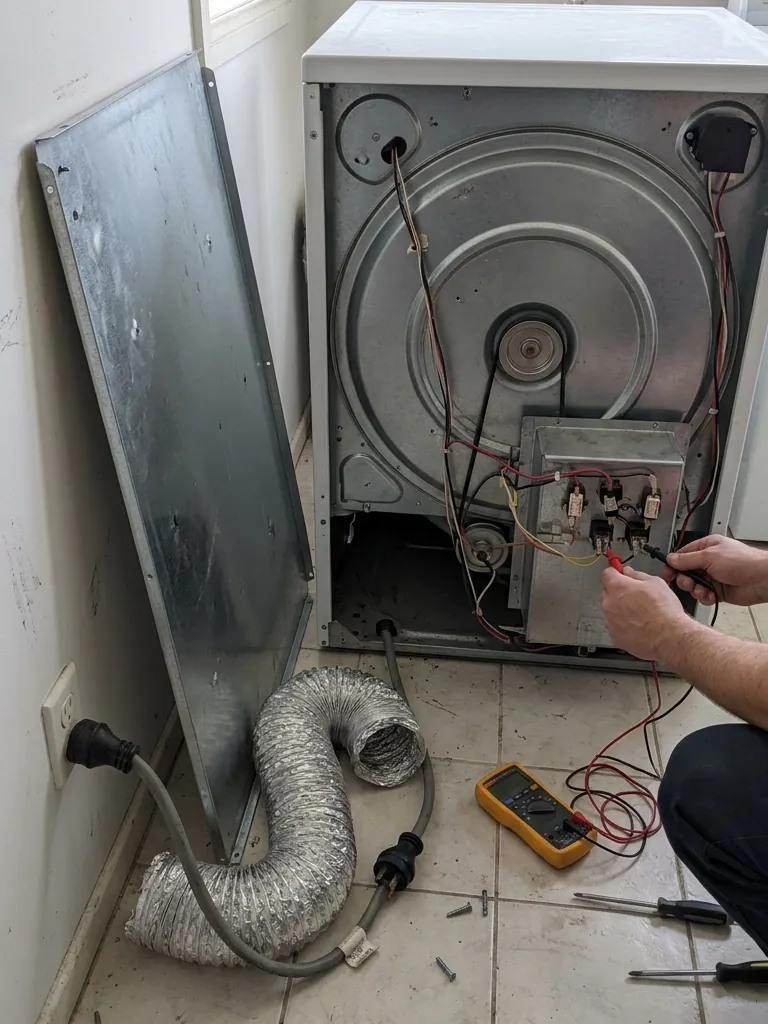 Ilustración generada con IA: técnico midiendo con un multímetro la caja de conexiones de la parte trasera de una secadora, con el panel trasero apoyado en la pared y un ducto flexible en el piso