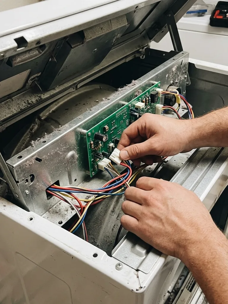 Ilustración generada con IA: manos desconectando un conector de una tarjeta electrónica verde dentro de una secadora con la tapa superior abierta